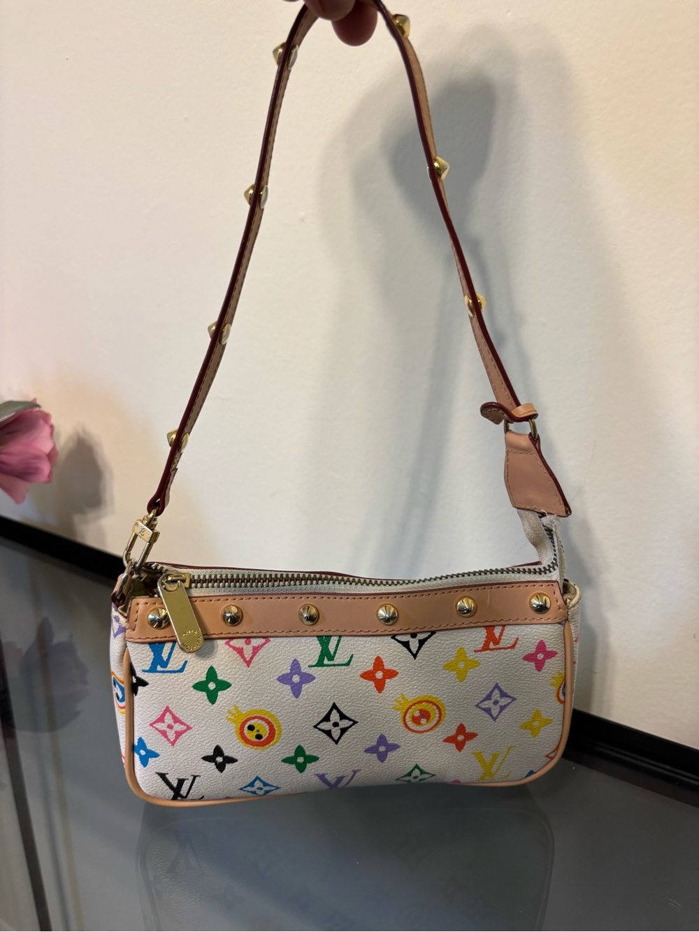 Louis Vuitton Multicolor Monogram Shoulder Pochette - White Canvas with Tan Trim